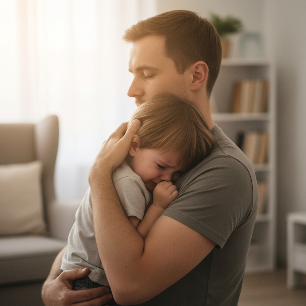 Vater tröstet sein weinendes Kind im Arm — einfühlsame Begleitung bei kindlichen Ängsten</p>


<p class=