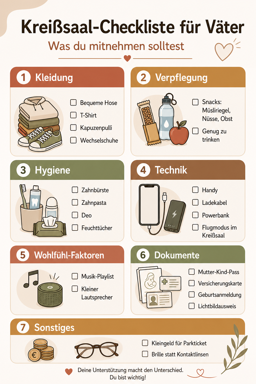 Kreißsaal-Checkliste für Väter – Infografik mit den wichtigsten Dingen zum Einpacken