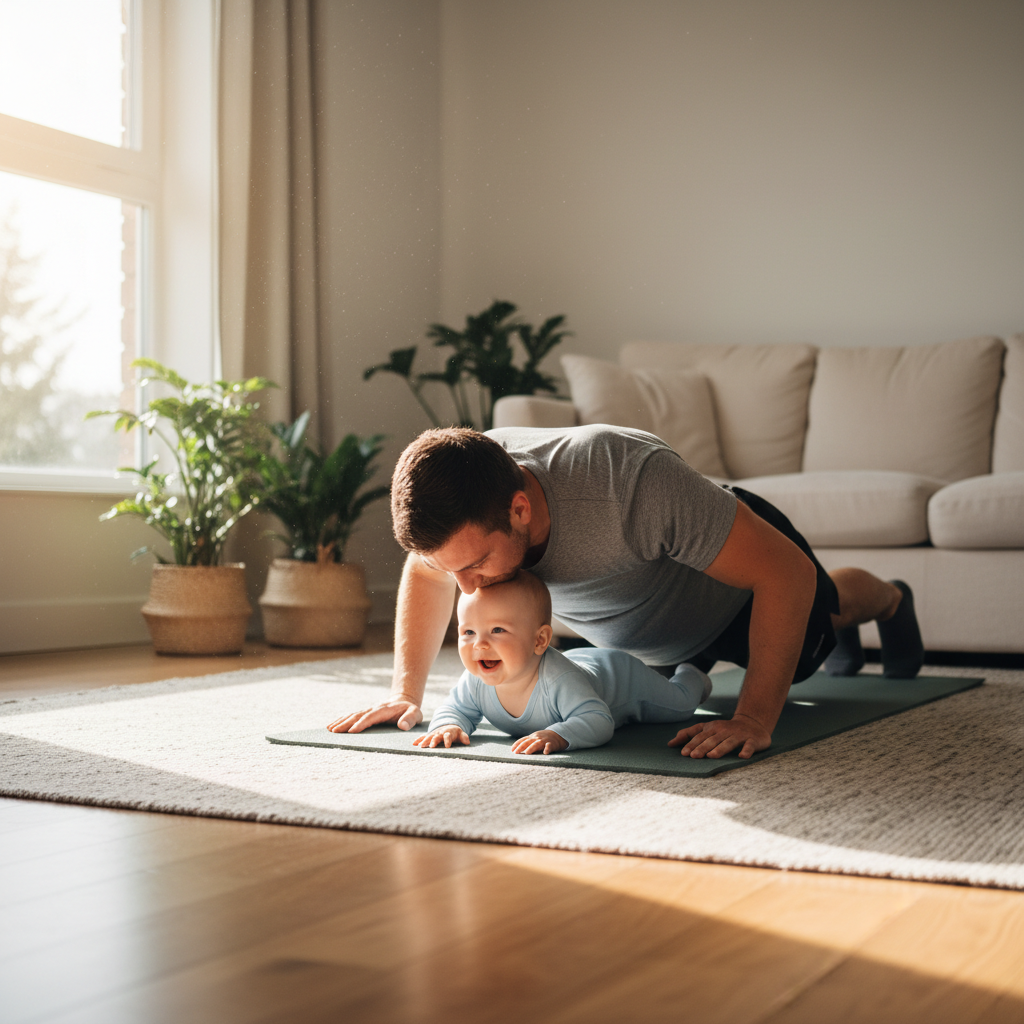 Vater macht Liegestütze mit Baby auf der Matte – Vater-Kind-Workout Übung