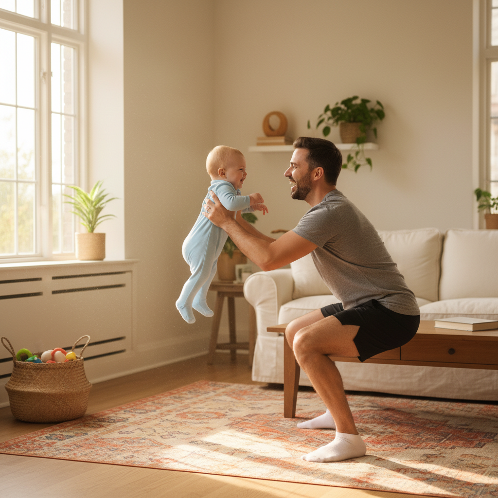 Vater macht Kniebeuge mit Baby im Arm – Papa-Squat Workout für Väter