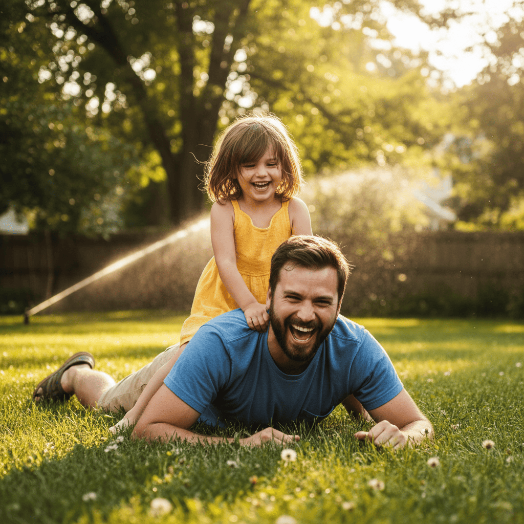 Vater und Kind toben im Garten - wildes Spiel staerkt Selbstvertrauen