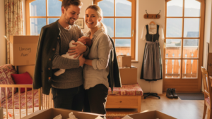 Junges Paar mit Baby beim Einzug in neue Wohnung - Umzug mit Baby stressfrei meistern