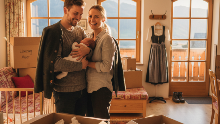 Junges Paar mit Baby beim Einzug in neue Wohnung - Umzug mit Baby stressfrei meistern