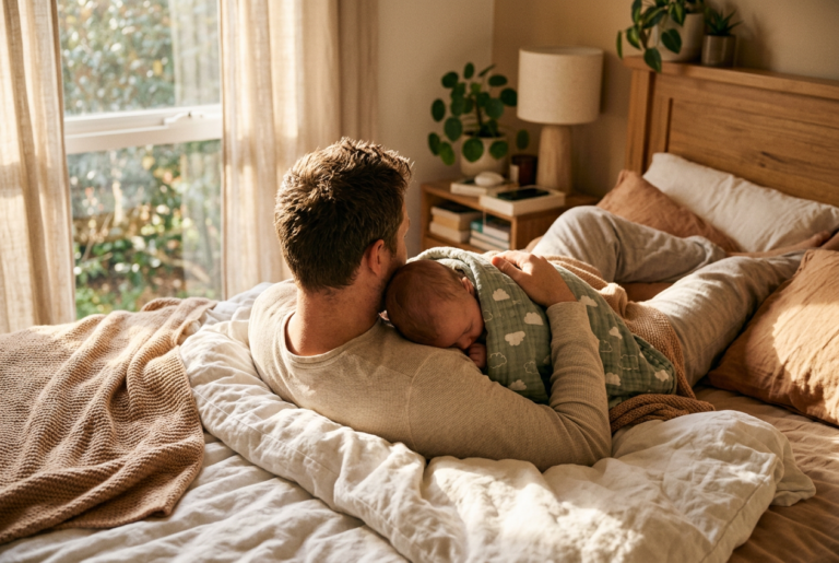 Vater und Baby beim morgendlichen Kuscheln im Familienbett