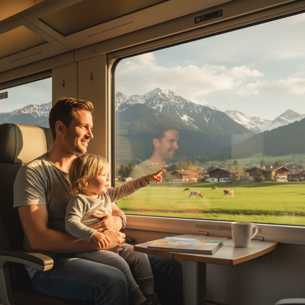 Vater und Kind bei der Zugreise durch die österreichische Landschaft