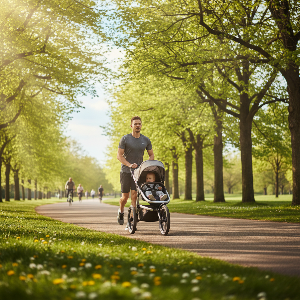 Vater beim Joggen mit Laufkinderwagen im Park – Fitness für Väter an der frischen Luft
