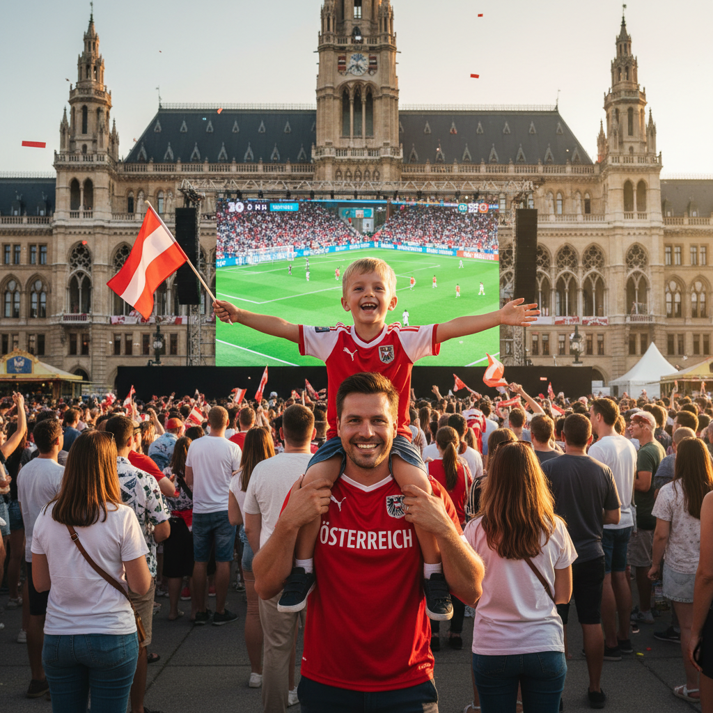 Vater mit Kind bei WM Public Viewing in Wien - Familienfreundliche Fußball-Atmosphäre