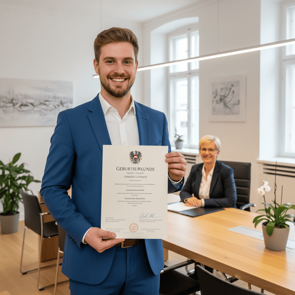 Junger Vater unterschreibt Vaterschaftsanerkennung beim Standesamt — Schritt-für-Schritt