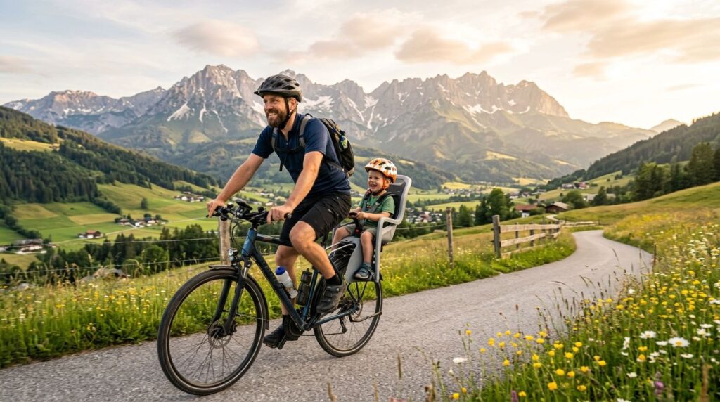 Vater mit Kind auf Fahrradausflug in der österreichischen Natur
