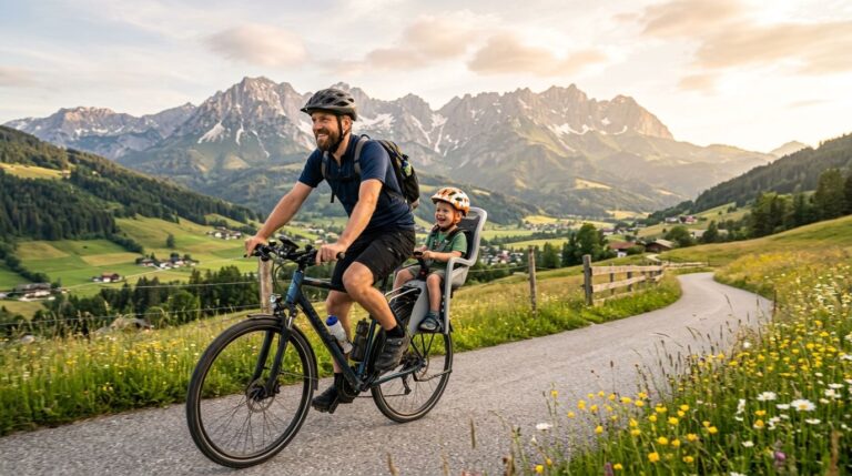 Vater mit Kind auf Fahrradausflug in der österreichischen Natur