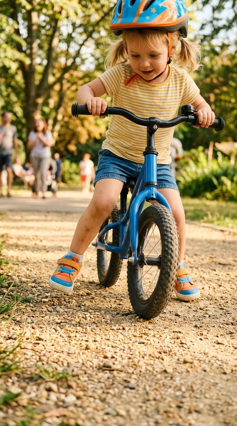 Kind mit Laufrad auf sonnigem Weg beim Gleichgewicht üben