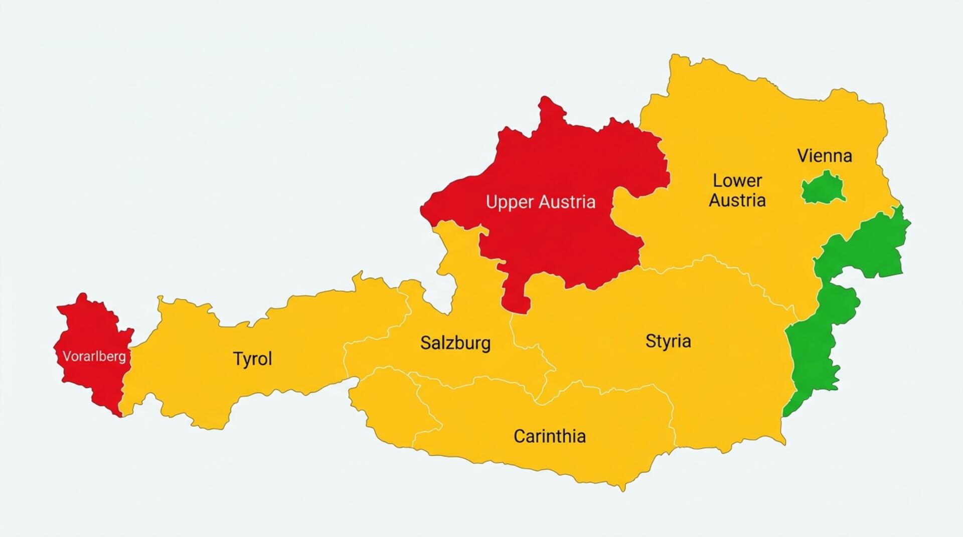 Infografik Bundesländer-Vergleich Ferienbetreuung Österreich 2026: Ampelfarben von Wien und Burgenland grün bis Oberösterreich und Vorarlberg rot