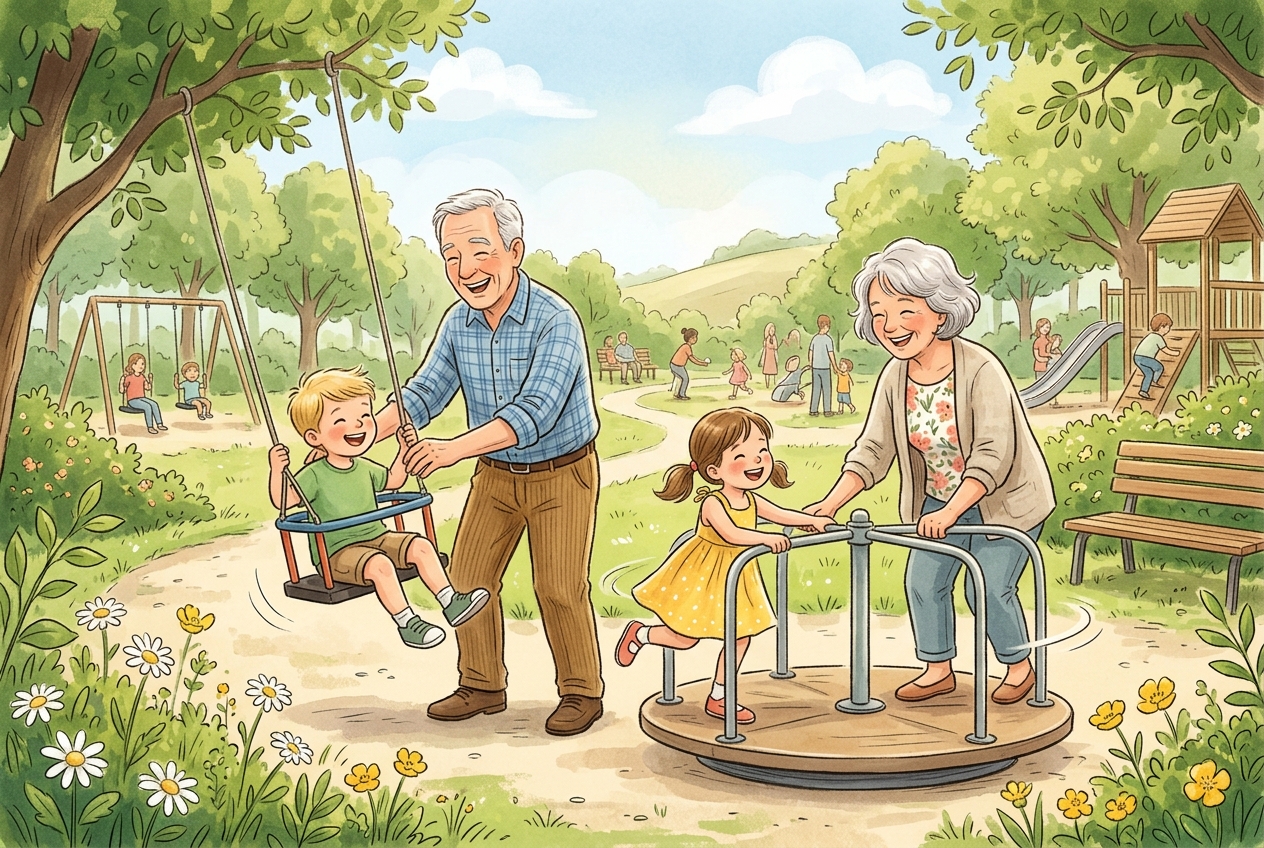 Grosseltern spielen mit Kindern an einem sonnigen Tag im Park – herzliche Familienszene