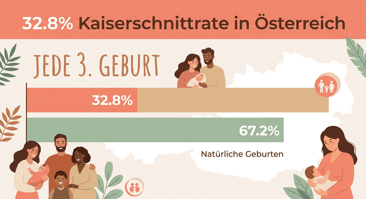 Infografik zur Kaiserschnittrate in Österreich – 32,8 % der Babys kamen 2025 per Sectio zur Welt