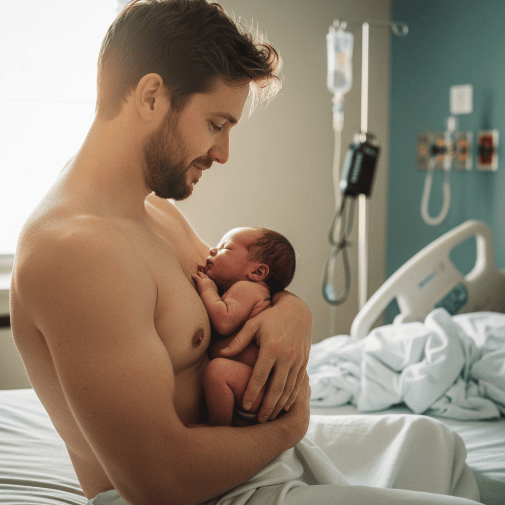 Vater mit Neugeborenem auf der nackten Brust – Hautkontakt (Bonding) nach dem Kaiserschnitt im Krankenhaus