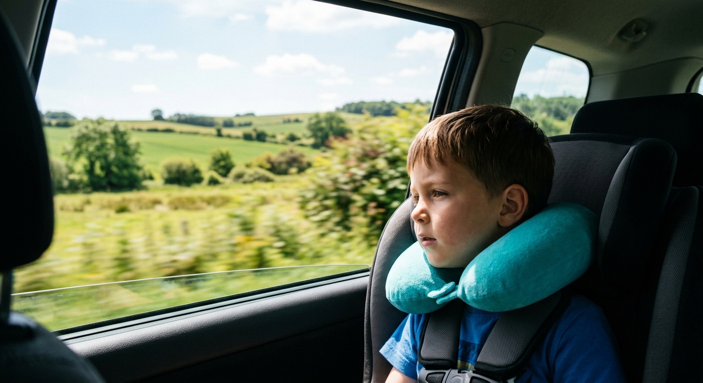 Kind auf Autositz mit Nackenhörnchen und Horizontblick gegen Reiseübelkeit im Auto