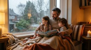 Vater mit Kindern am Fenster bei Regenwetter – Schlechtwetter-Ideen für Familien