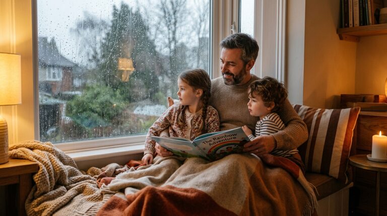 Vater mit Kindern am Fenster bei Regenwetter – Schlechtwetter-Ideen für Familien