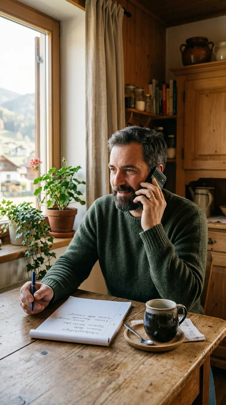 Vater telefoniert am Küchentisch mit einer Beratungsstelle, Notizblock und Stift liegen bereit