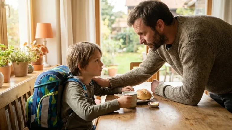 Vater sitzt mit seinem Kind am Küchentisch, das Kind trägt einen Schulranzen, nachdenkliche Stimmung am Morgen