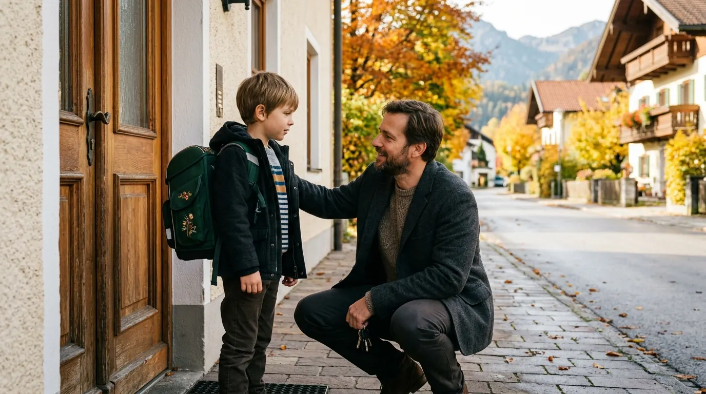 Vater redet ruhig mit seinem Kind vor der Schultür, das Kind wirkt angespannt, der Vater legt ihm die Hand auf die Schulter