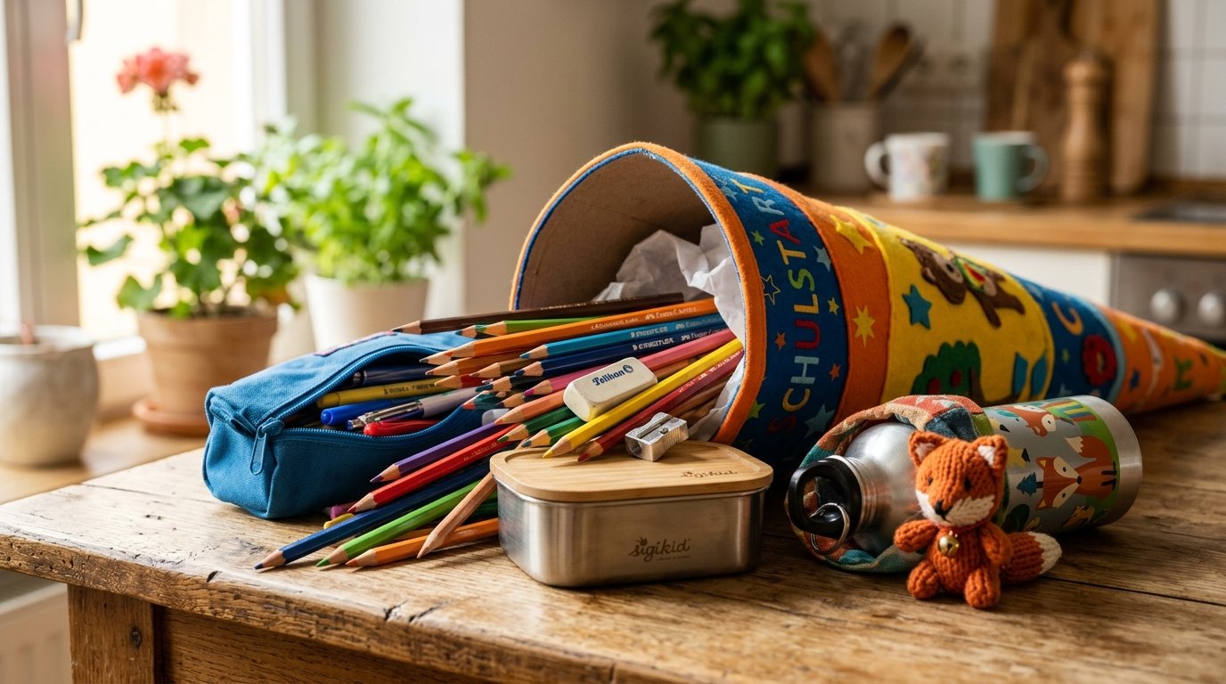 Kreative Schultüten-Befüllung ohne Süßigkeiten: Buntstifte, Jausenbox, Trinkflasche und Glücksbringer. ServusPapa.at