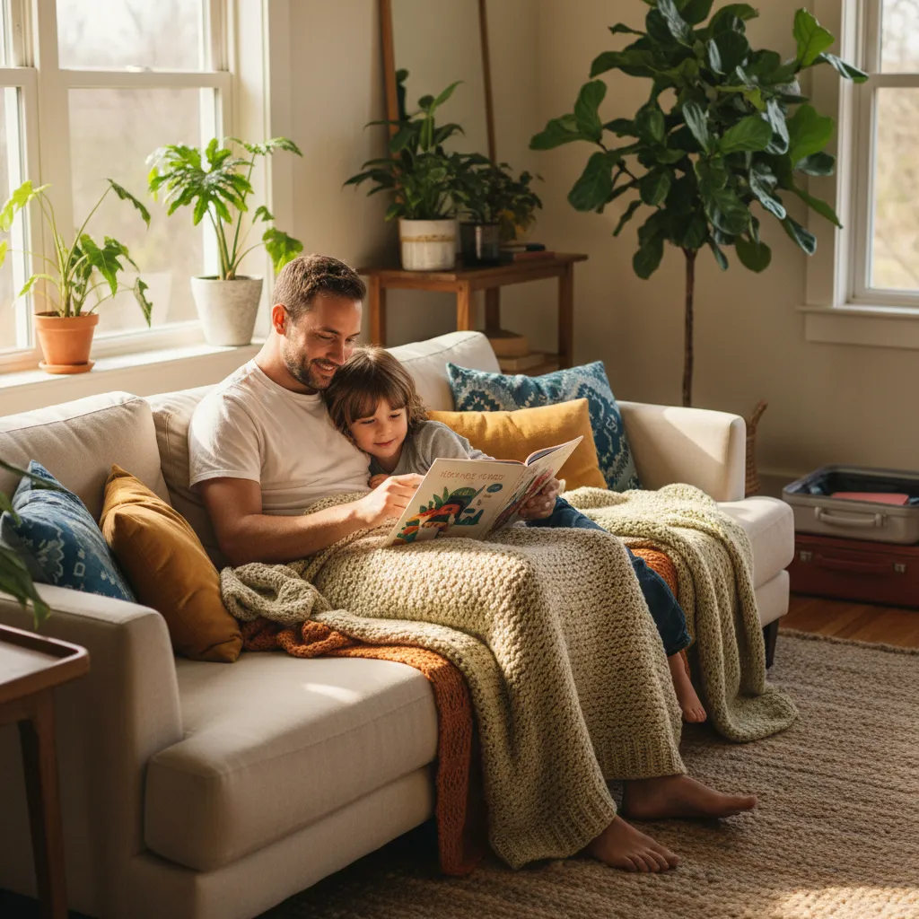 Vater und Kind kuscheln auf dem Sofa und lesen ein Buch, entspannte Atmosphäre nach dem Urlaub
