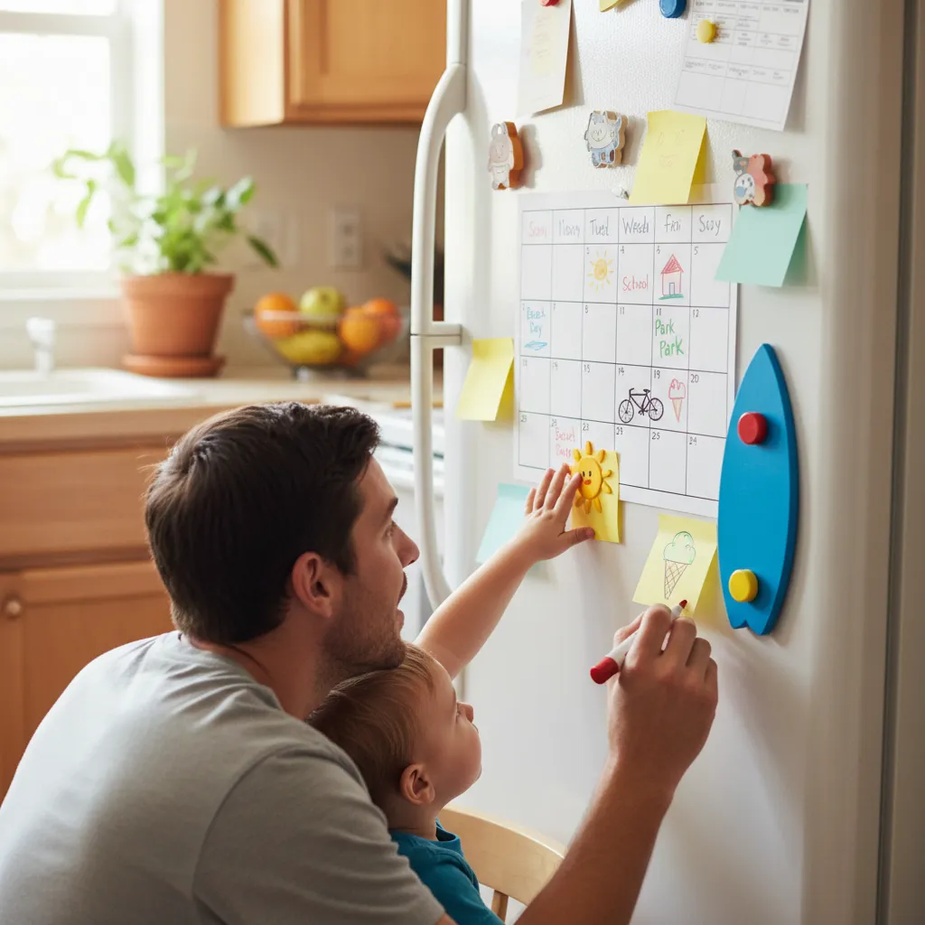 Familien-Wochenplan an der Kühlschranktür, Vater und Kind planen gemeinsam mit bunten Magneten