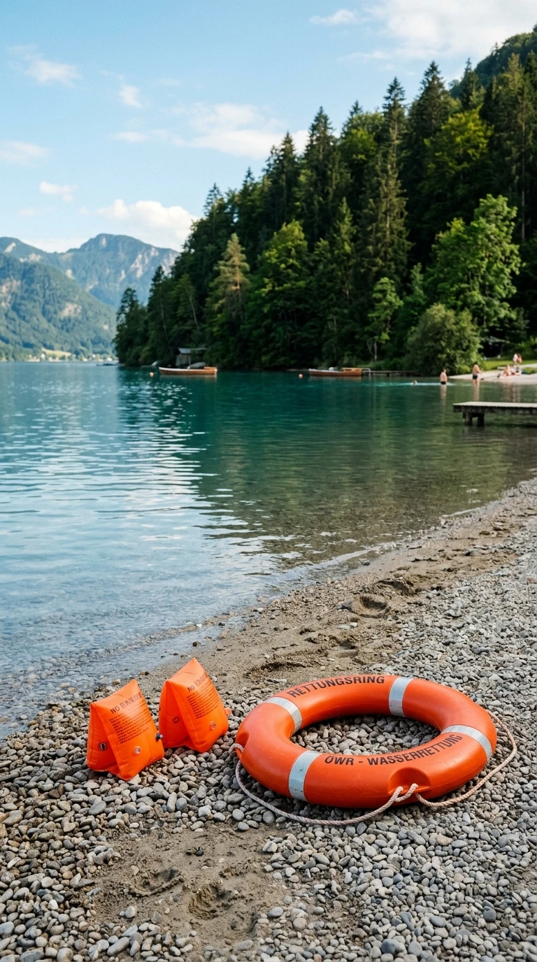 Sicherheitsausrüstung am Seeufer - Rettungsring und Schwimmflügel