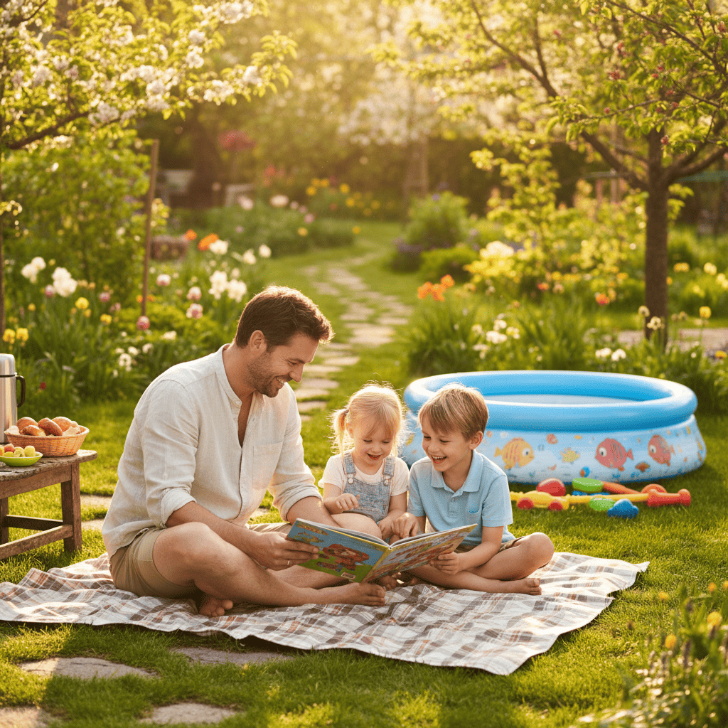 Vater mit zwei Kindern auf Picknickdecke im Garten, Planschbecken im Hintergrund