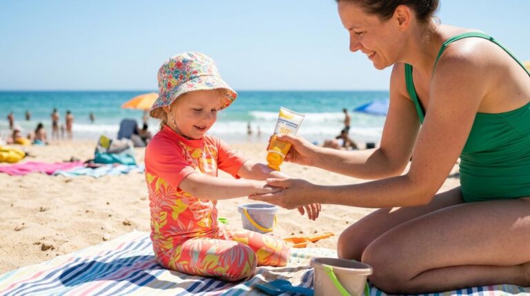 Kind mit Sonnenhut beim Eincremen mit Sonnencreme
