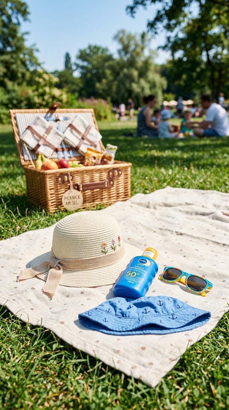 Sonnenschutz-Produkte für Kinder: Sonnencreme, Hut und Sonnenbrille