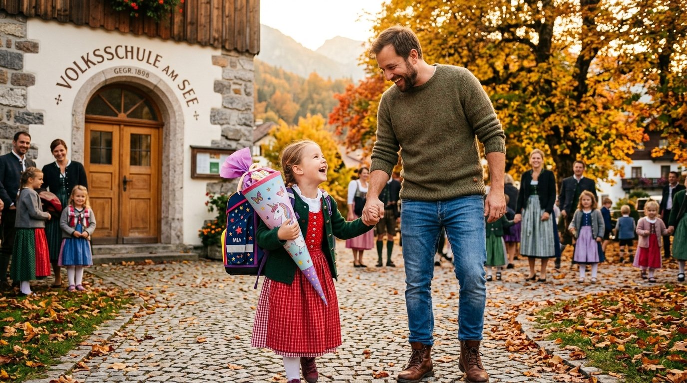 Vater und Tochter am ersten Schultag in Österreich mit Schulranzen und Schultüte. ServusPapa.at