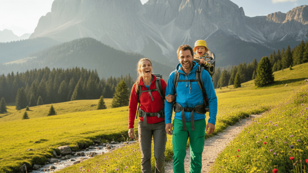 Familienwanderung in den österreichischen Alpen: Kinder wandern mit Eltern auf einem Themenweg