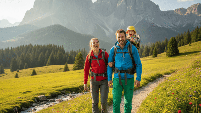Familienwanderung in den österreichischen Alpen: Kinder wandern mit Eltern auf einem Themenweg