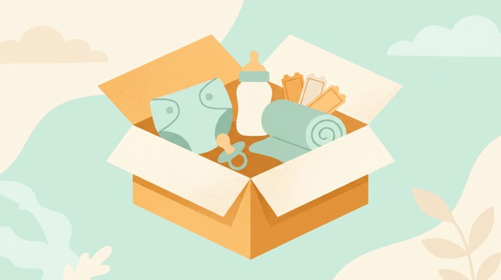 Illustration einer Willkommensbox mit neutralen Baby-Artikeln und Coupons — Gratis Babyboxen in Österreich im Überblick