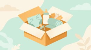 Illustration einer Willkommensbox mit neutralen Baby-Artikeln und Coupons — Gratis Babyboxen in Österreich im Überblick