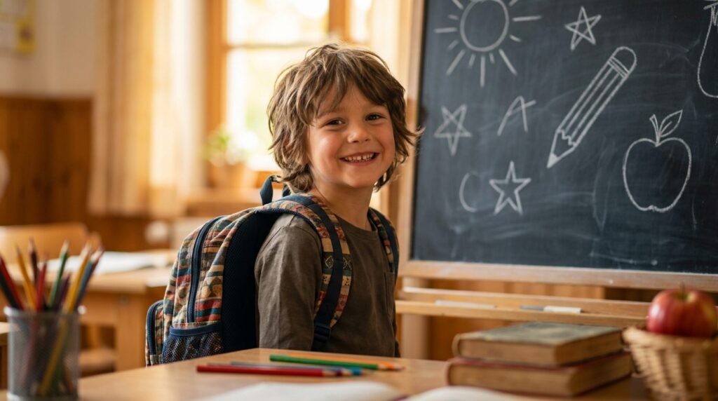 Kind mit Schultasche zum Schulstart — Schulstartgeld 2026 in Österreich