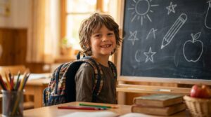 Kind mit Schultasche zum Schulstart — Schulstartgeld 2026 in Österreich