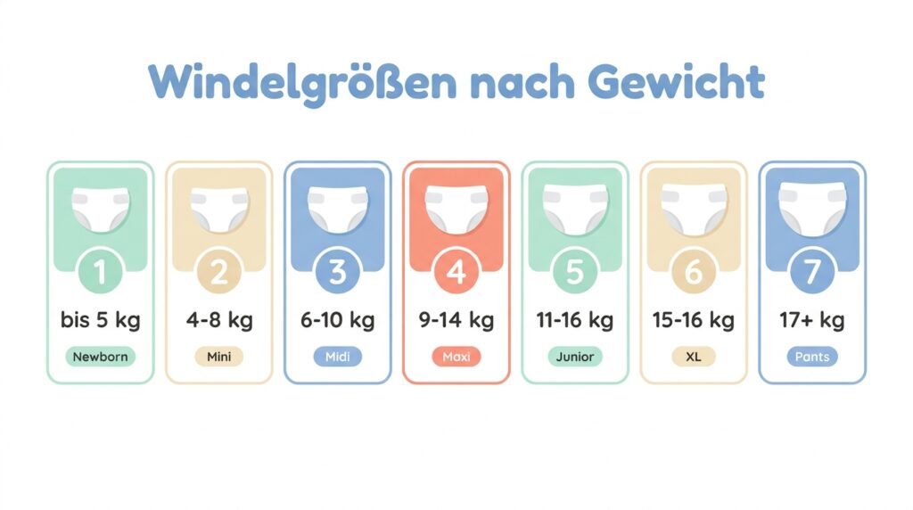 Windelgrößen-Tabelle: Gewichtsklassen von Größe 1 (Newborn) bis Größe 7 (Pants) nach Gewicht