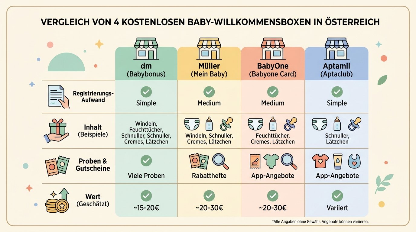 Vergleich der Gratis-Babyboxen in Österreich: dm, Müller, BabyOne und Aptamil im Überblick