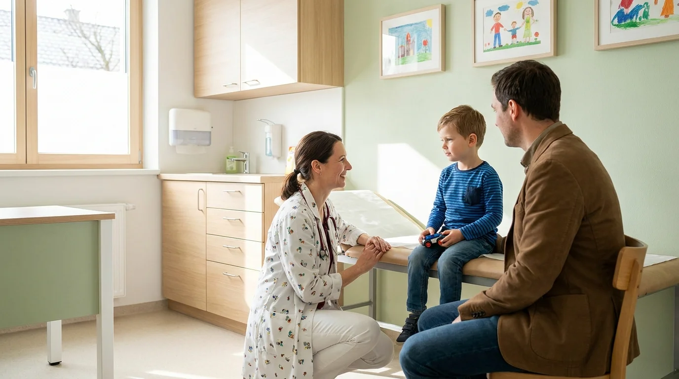 Vater mit Kind beim Kinderarzt — vertrauensvolle Atmosphäre in der Sprechstunde