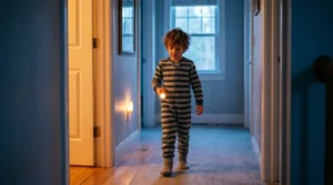 Kind geht nachts mit Taschenlampe zur Toilette — Nachtlicht hilft bei Bettnässen