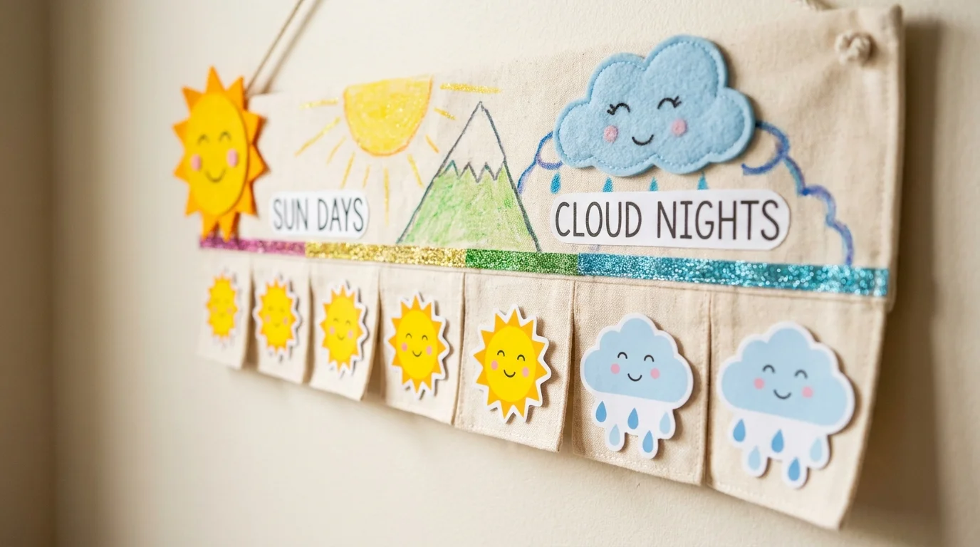 Sonne-Wolke-Kalender zur Motivation bei Bettnässen — bunte Sticker für trockene Nächte