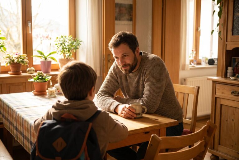 Vater und Kind im Gespräch über Mobbing in der Schule