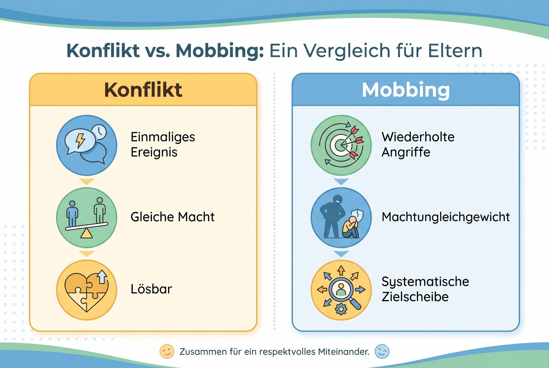 Infografik: Konflikt vs. Mobbing - Vergleich der Merkmale