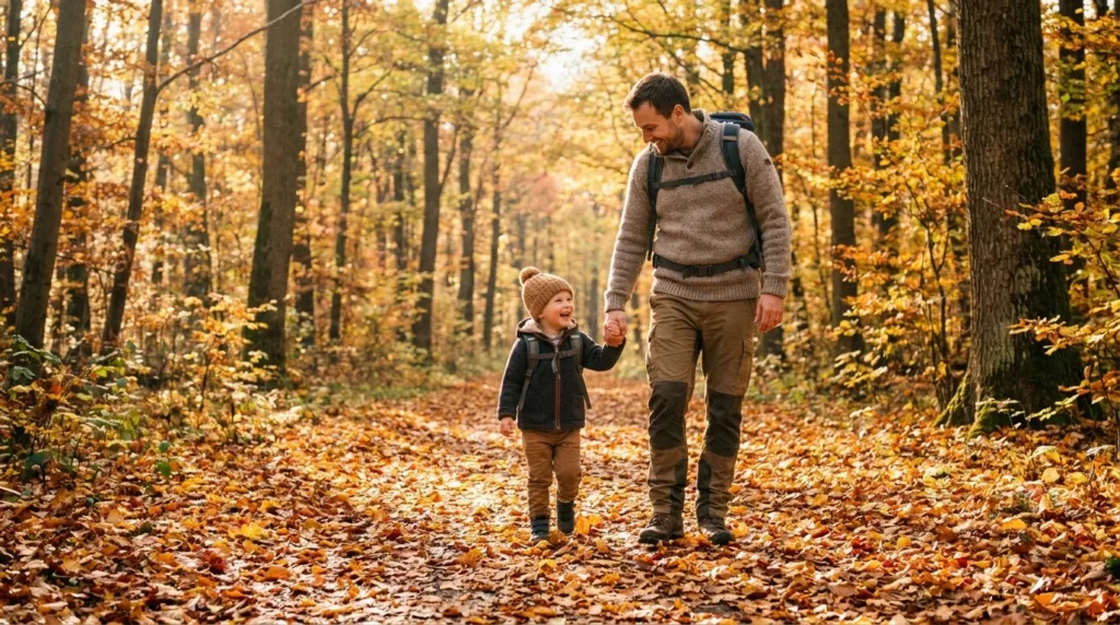 Vater und Kind wandern im Herbst durch einen bunten Laubwald in Österreich