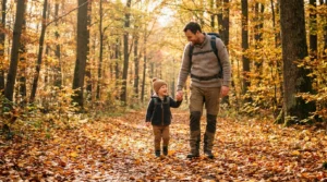 Vater und Kind wandern im Herbst durch einen bunten Laubwald in Österreich