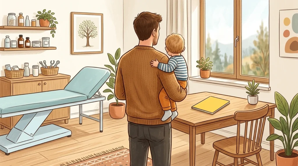 Papa mit Kind beim Kinderarzt zur Grippeimpfung in Österreich