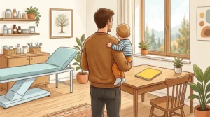 Papa mit Kind beim Kinderarzt zur Grippeimpfung in Österreich